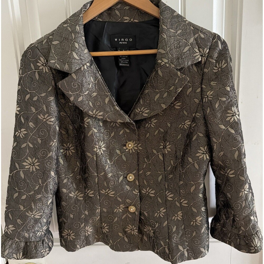 Women's Blazer Jacket 8P Floral Embroidered w/Ruffles Office Old Money